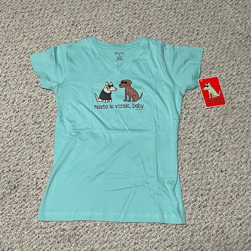 New Teddy the Dog teal T-shirt with Terminator dog and vizsla